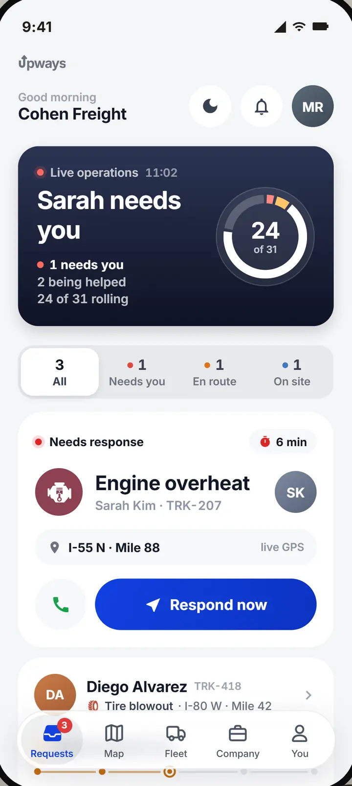 The dispatcher app: Sarah needs you, an engine overheat, with a Respond now button