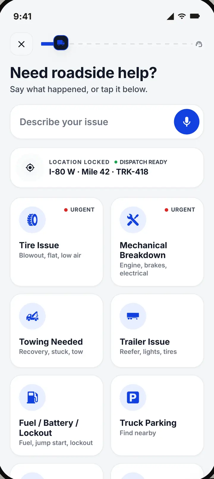 The Need help screen: say what happened or tap a problem, with the location and the truck already attached