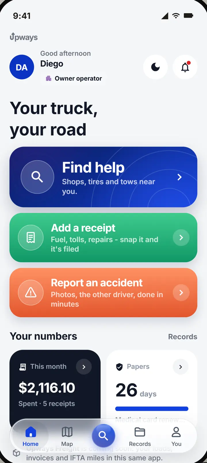 The owner operator's home: Find help, Add a receipt, Report an accident, and what he spent this month