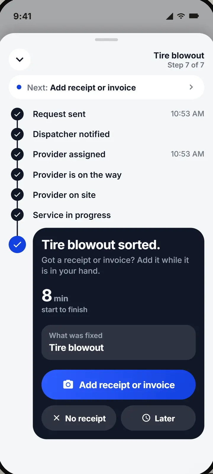 The rescue is sorted, with a button to add the receipt or invoice