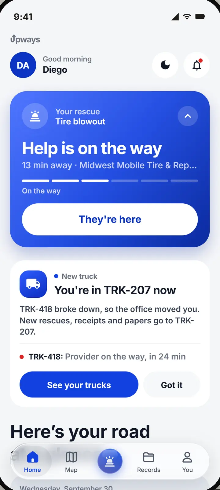 The driver's home screen during a rescue: help is on the way, 13 minutes away