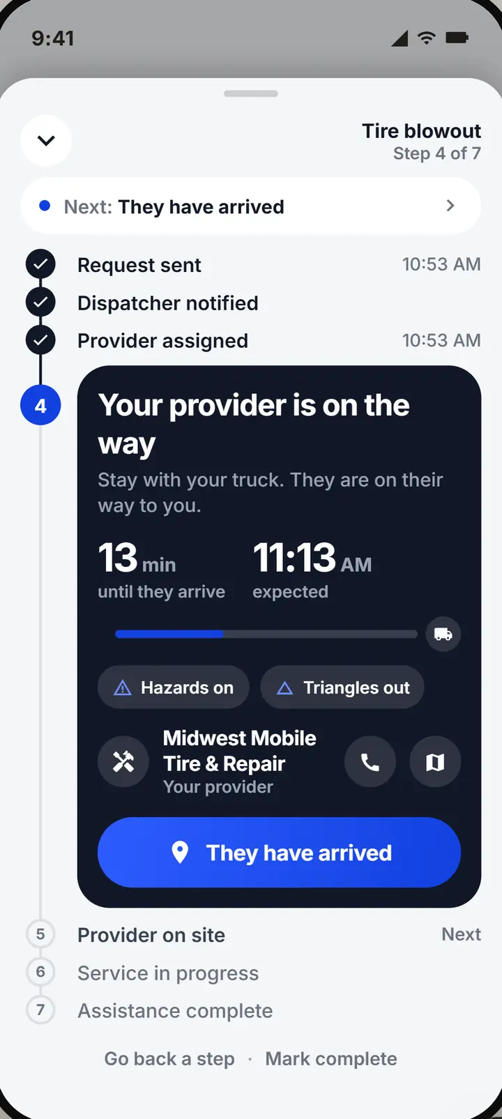 The live rescue: the provider is on the way, 13 minutes until they arrive, and a They have arrived button
